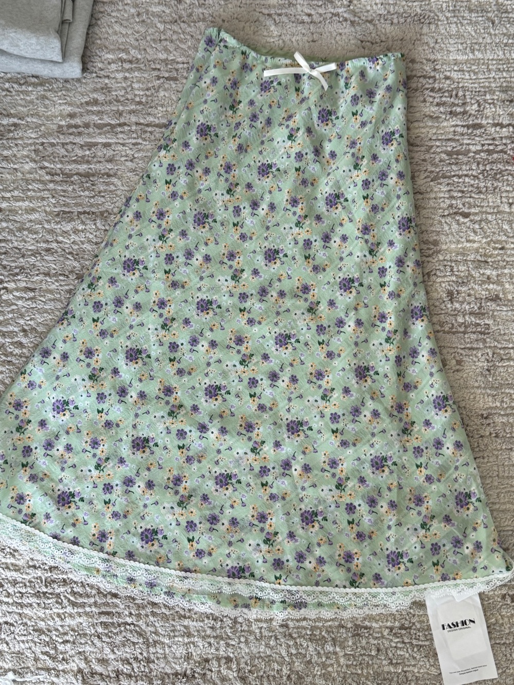Floral Lace-Trim Skirt in Mint Green with Purple Flowers